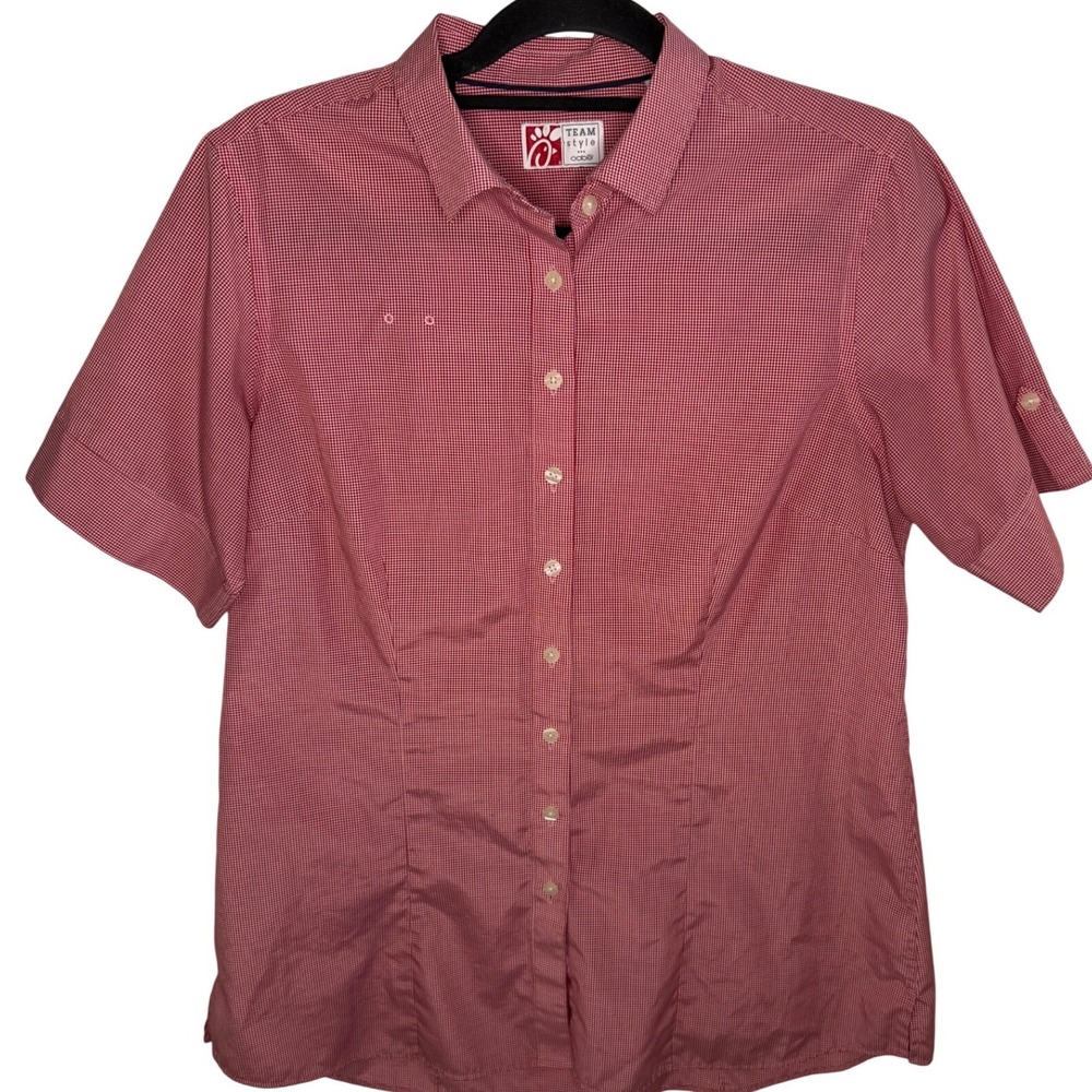 Chick-Fil-A Team Style OOBE Red Gingham Short Sleeve Button Down Shirt Women's L